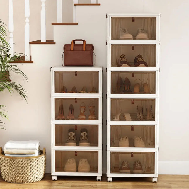 6-Tier Stackable Shoe Box with Lid Doors and Lockable Wheels-White - White - Shoe Racks & Storage Benches