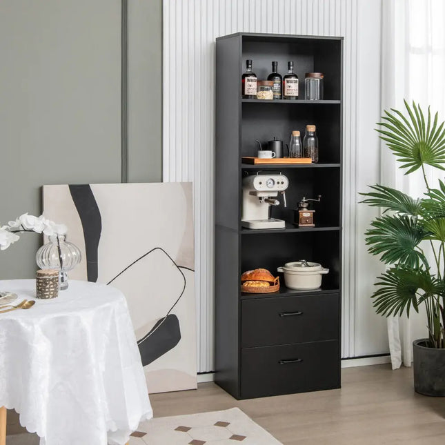 6-Tier Tall Freestanding Bookshelf with 4 Open Shelves and 2 Drawers-Black - Black - Bookcases
