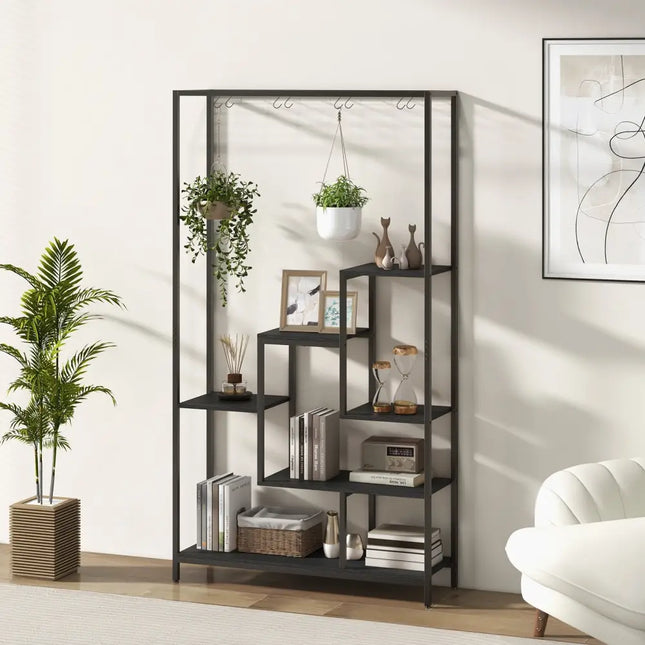 6-Tier Tall Plant Stand 71 Inch Metal Indoor Plant Shelf with 10 Hanging Hooks-Black - Black - Plant Stands