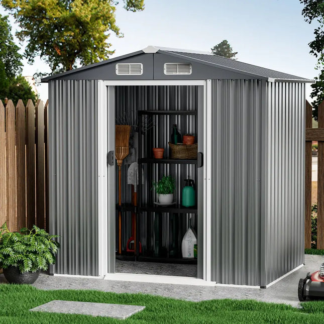 6 x 4 Feet Galvanized Steel Storage Shed with Lockable Sliding Doors-Gray - Gray - Sheds & Outdoor Storage