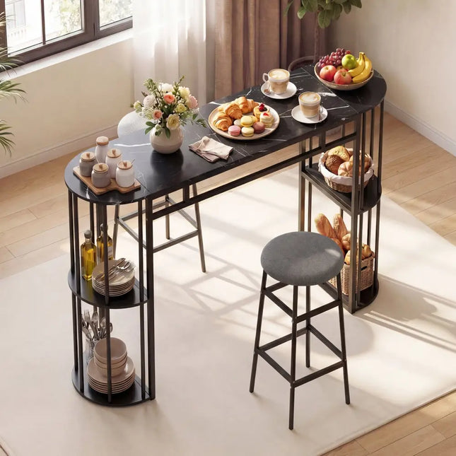 60 Inch Dining Table and 2 Upholstered Barstools with Faux Marble Tabletop-Gray - Gray - Dining Room Sets