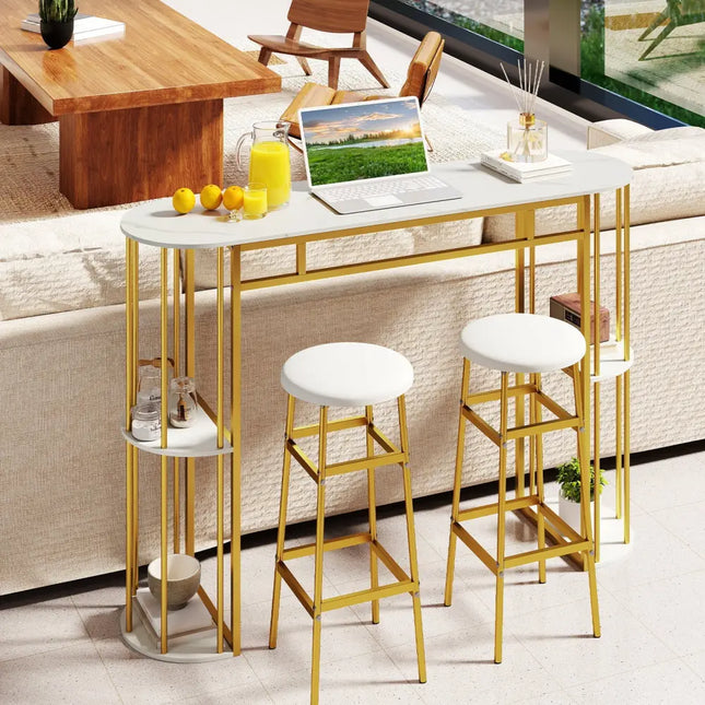 60 Inch Long Bar Table Narrow with Faux Marble Tabletop and Storage Shelves-White - White & Golden - Bar Tables