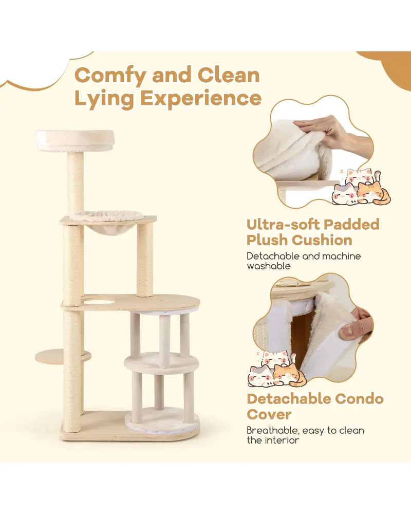 60 Inches Tall Cat Tree with 2-Story Condo and Sisal Scratching Posts-Natural - Natural - Cat Trees Condos & Scratchers
