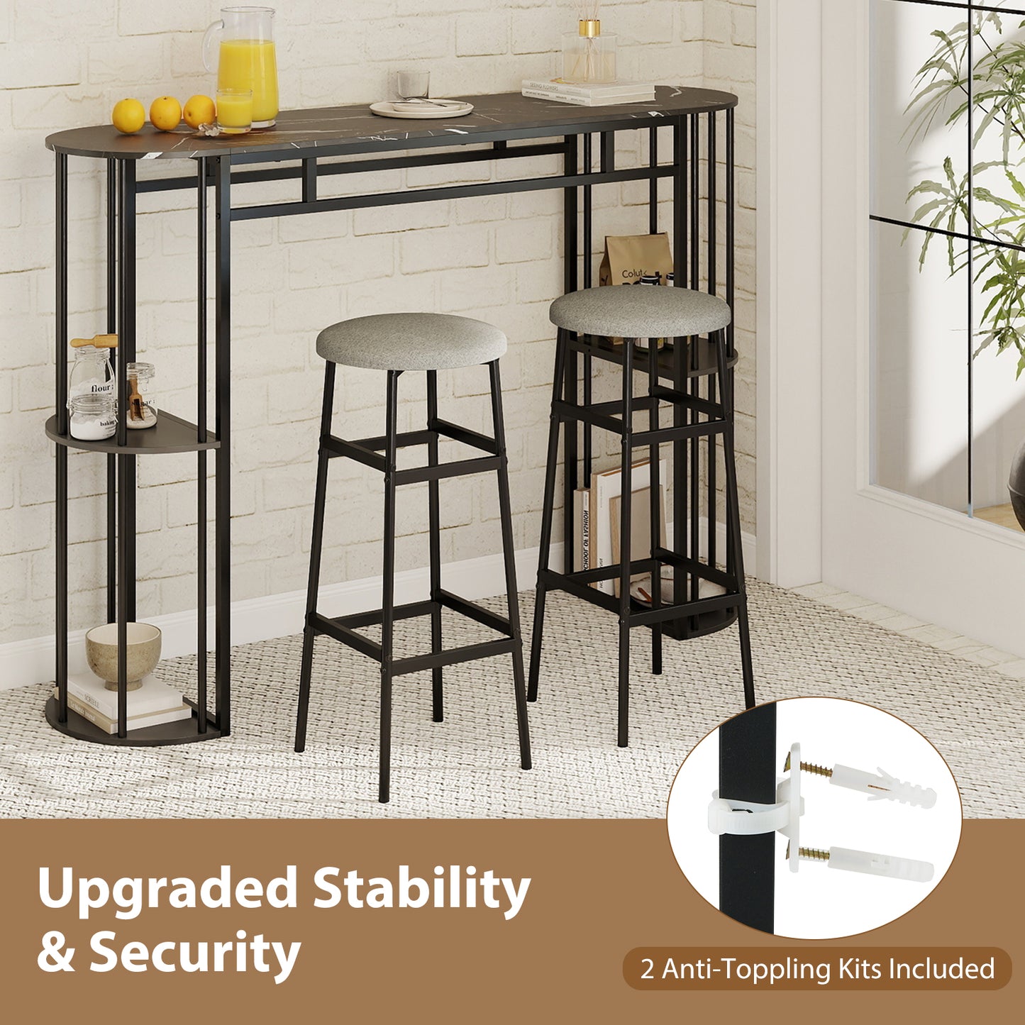 60 Inch Long Bar Table Narrow with Faux Marble Tabletop and Storage Shelves-Black