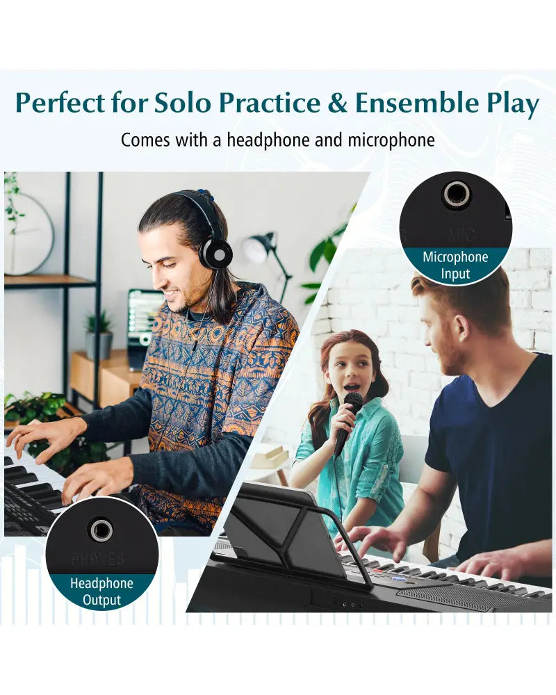 61-Key Electronic Keyboard Piano Starter Set with Stand Bench and Headphones - Black - Pianos & Keyboards