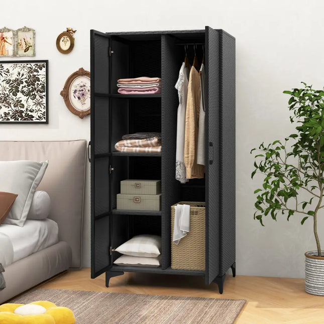 62 Inch Wicker Wardrobe with 2 Doors PE Rattan Closet with Hanging Rod-Black - Black - Armoires & Wardrobes