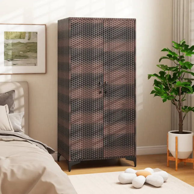 62 Inch Wicker Wardrobe with 2 Doors PE Rattan Closet with Hanging Rod-Brown - Brown - Armoires & Wardrobes