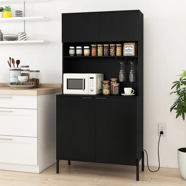 64.5 Inches Tall Kitchen Pantry Cabinet with Charging Station and Wine Glass Rack-Black - Black - Sideboards Cabinets &