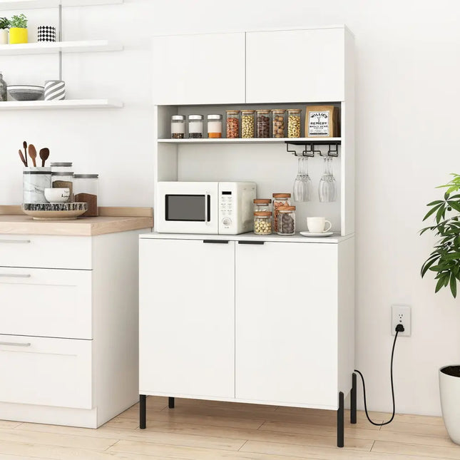 64.5 Inches Tall Kitchen Pantry Cabinet with Charging Station and Wine Glass Rack-White - White - Sideboards Cabinets &