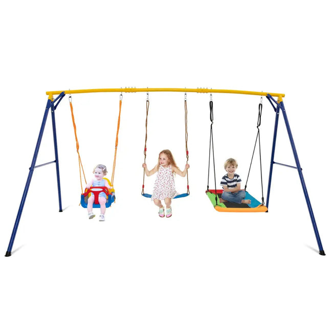 660 LBS Heavy Duty Carbon Steel Swing Frame with 3 Swings-Yellow - Yellow - Swing & Playsets