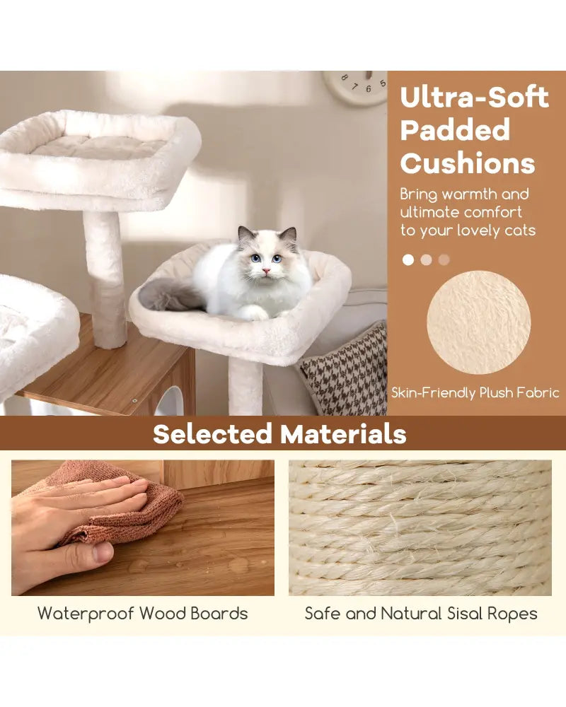 68 Inch Tall Cat Tree with 3 Padded Perches Condo and Sisal Scratching Posts-Natural - Natural - Cat Trees Condos &