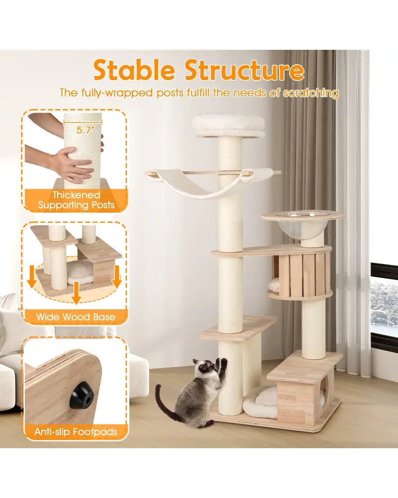69 Inches Tall Cat Tree with Cozy Top Perch and Washable Plush Cushions - Natural - Cat Trees Condos & Scratchers