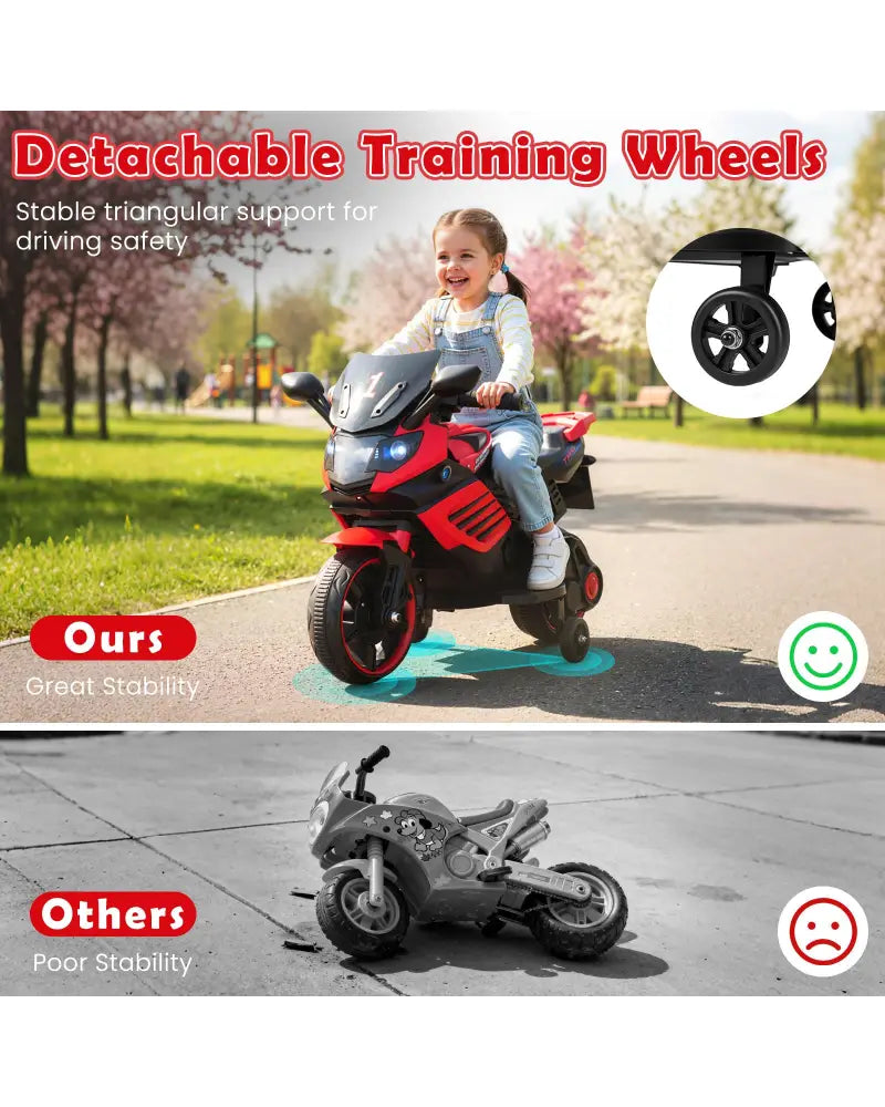 6V Kids Motorcycle with Headlights Music and Detachable Training Wheels-Red - Red - Powered Ride On Toys