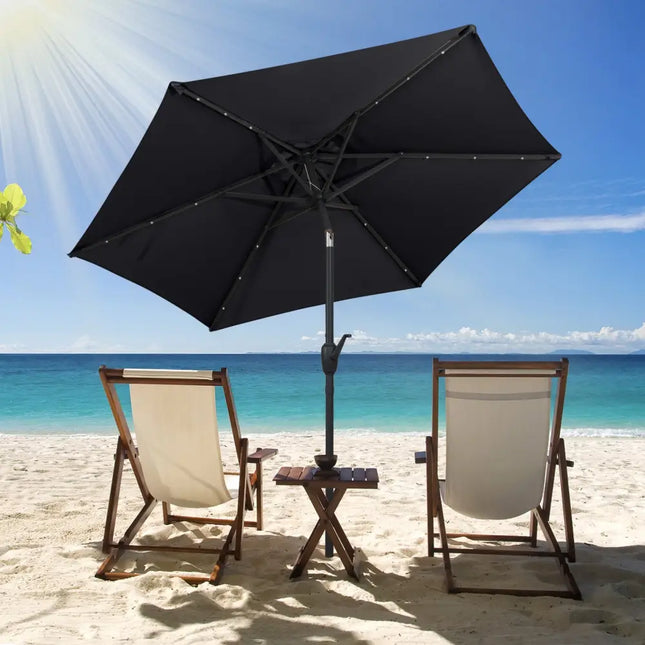7.5 Feet Solar Powered Patio Umbrella with LED Lights and Crank Handle-Black - Black - Outdoor Umbrellas