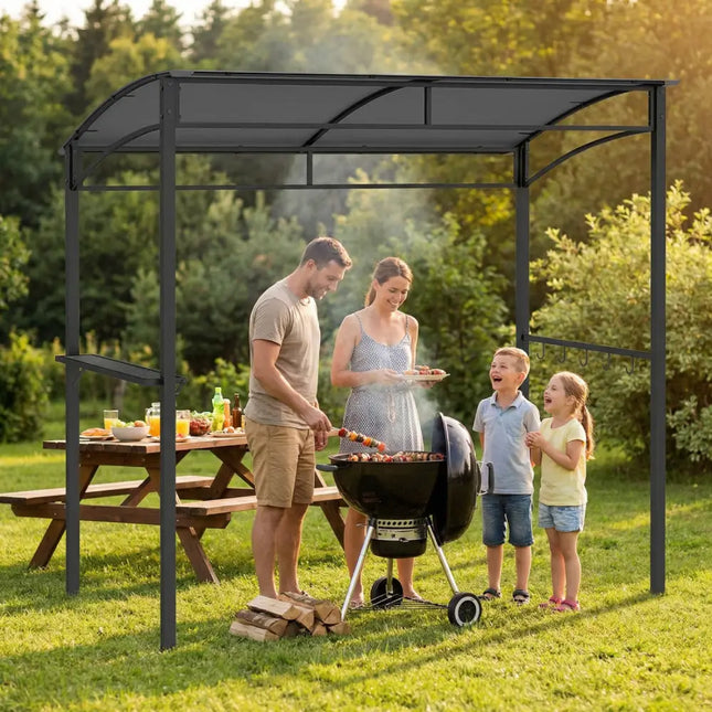 7 Feet Grill Gazebo with Serving Shelf and Storage Hooks-Gray - Gray - Gazebos