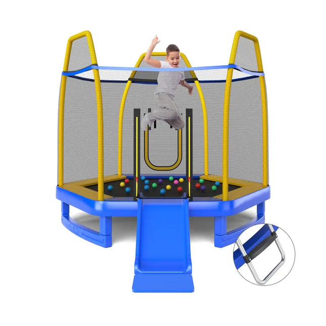 7 Feet Trampoline with Ladder and Slide for Indoor and Outdoor-Blue - Blue - Trampolines