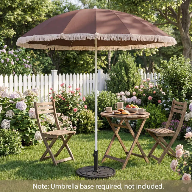 7 FT Patio Umbrella with Fringe Boho Tassel Umbrella for Outdoor Beach Garden Poolside-Brown - Brown - Outdoor Umbrellas