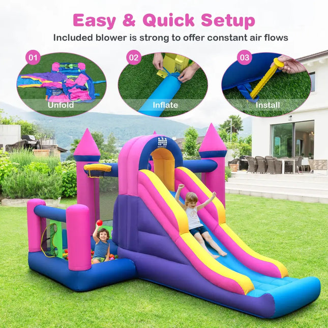 7-in-1 Kids Inflatable Bounce House with Long Slide and 735W Blower - Multicolor - Bounce House