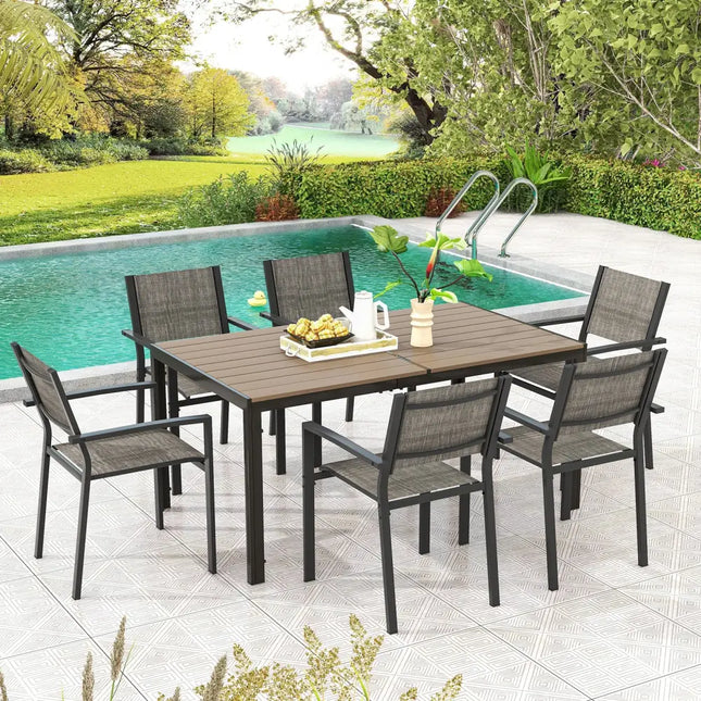 7 Piece Outdoor Dining Set with 6 Stackable Chairs and Large Rectangle Table-Gray - Gray - Patio Dining Sets