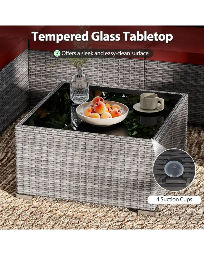 7-Piece PE Rattan Patio Set with Glass Table & Soft Cushions for Outdoor-Red - Red - Patio Conversation Sets