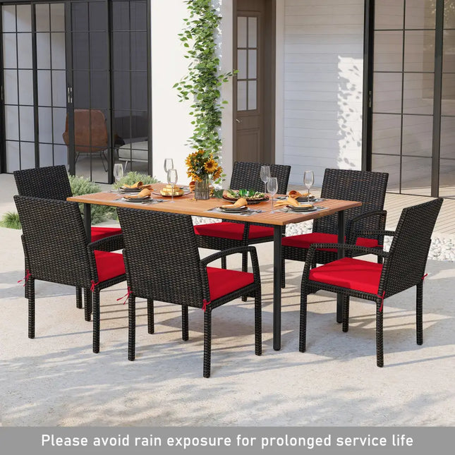 7 Pieces Outdoor Dining Set Acacia Wood Table with Umbrella Hole and Cushions-Red - Red - Patio Dining Sets