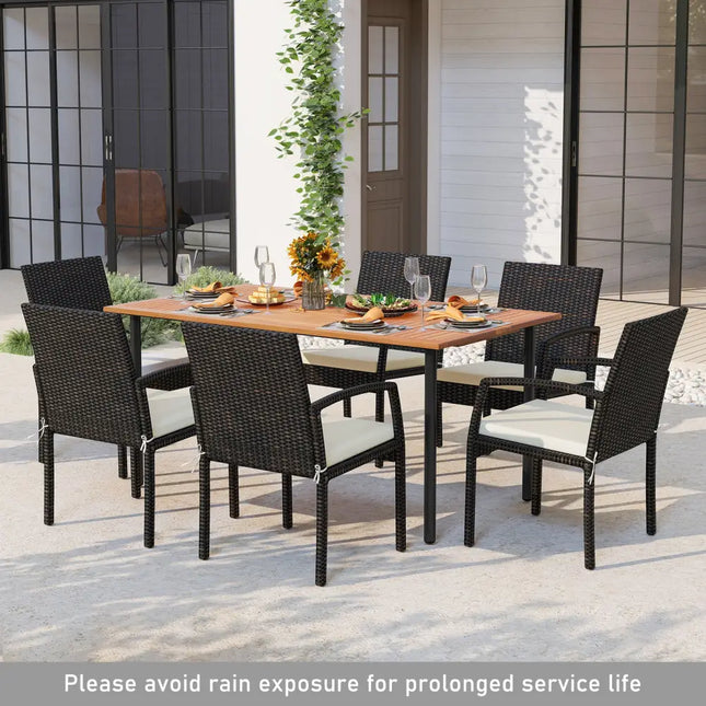 7 Pieces Outdoor Dining Set Acacia Wood Table with Umbrella Hole and Cushions-White - Off White - Patio Dining Sets