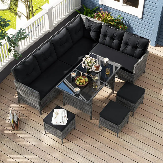 7 Pieces Patio Dining Furniture Set with Soft Cushions and Ottomans-Black - Black - Patio Dining Sets