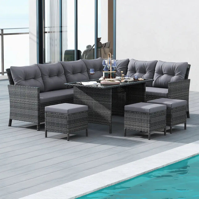 7 Pieces Patio Dining Furniture Set with Soft Cushions and Ottomans-Gray - Gray - Patio Dining Sets