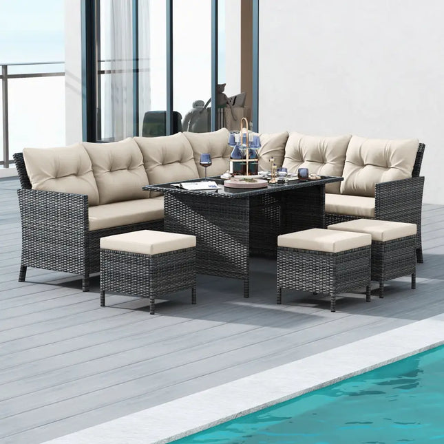 7 Pieces Patio Dining Furniture Set with Soft Cushions and Ottomans-White - White - Patio Dining Sets