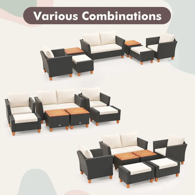 7 Pieces Patio Furniture PE Rattan Sectional Sofa Set with Armchairs and Table-white - White - Patio Conversation Sets