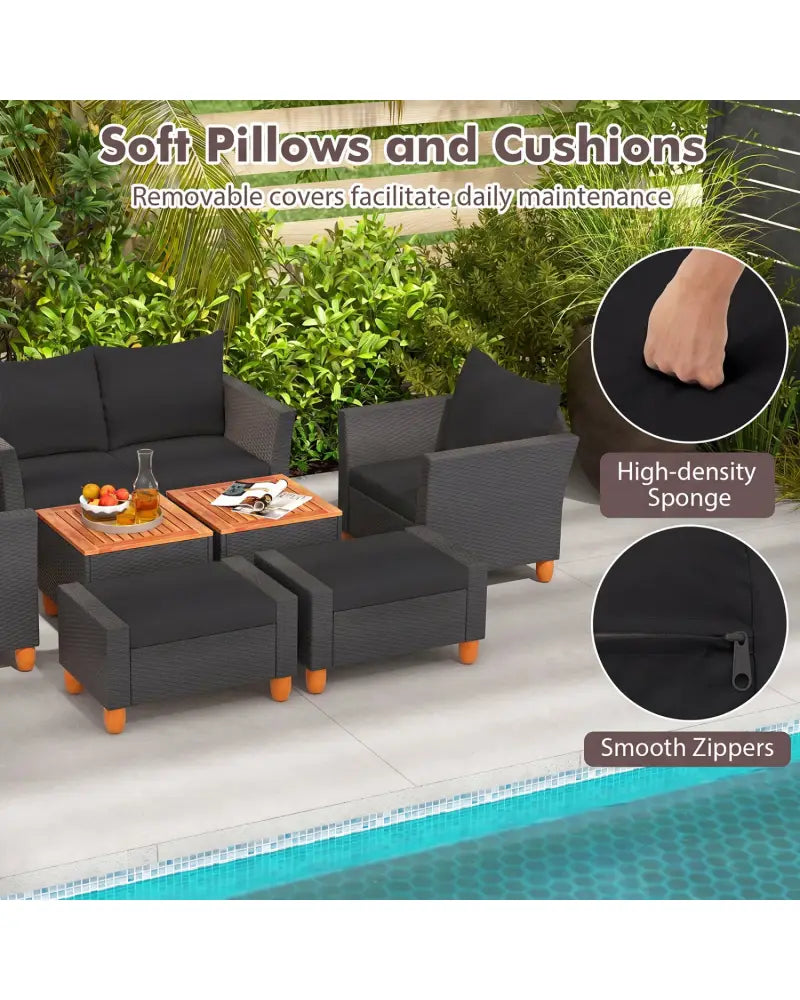 7 Pieces Patio Furniture PE Rattan Sectional Sofa Set with Armchairs and Table-Black - Black - Patio Conversation Sets