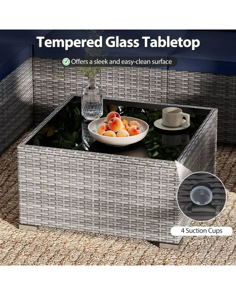 7 Pieces Patio Furniture Set PE Rattan Sectional Sofas with Tempered Glass Coffee Table-Navy - Navy - Patio