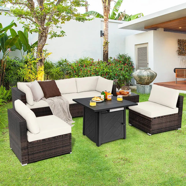 7 Pieces Patio Furniture Set with 28 Inches 50000 BTU Propane Gas Fire Pit Table-White - White - Patio Furniture Sets