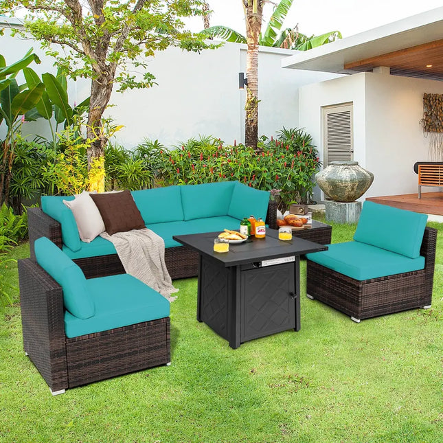 7 Pieces Patio Furniture Set with 28 Inches 50000 BTU Propane Gas Fire Pit Table-Turquoise - Turquoise - Patio