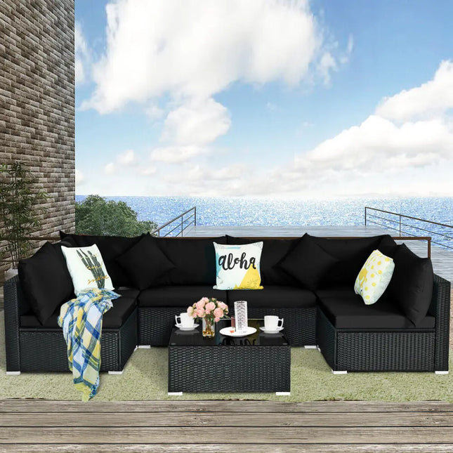 7 Pieces Sectional Wicker Furniture Sofa Set with Tempered Glass Top-Black & White - Black & White - Outdoor Sectionals