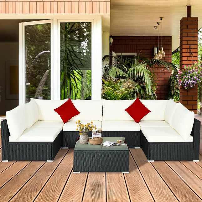 7 Pieces Sectional Wicker Furniture Sofa Set with Tempered Glass Top-Gray & Off White - Gray & Off White - Outdoor