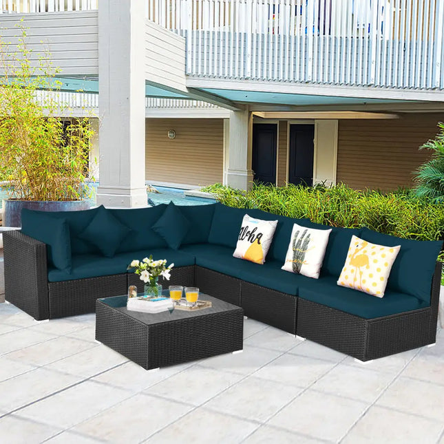 7 Pieces Sectional Wicker Furniture Sofa Set with Tempered Glass Top-Peacock Blue - Peacock Blue - Outdoor Sectionals