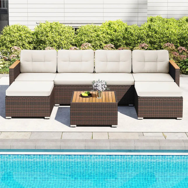 7 Pieces Wicker Conversation Set with Wood Armrests for Backyard-White - White - Patio Conversation Sets