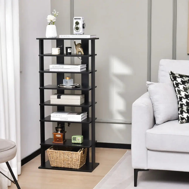 7-Tier Dual Shoe Rack Free Standing Shelves Storage Shelves Concise-Black - Black - Shoe Racks & Storage Benches