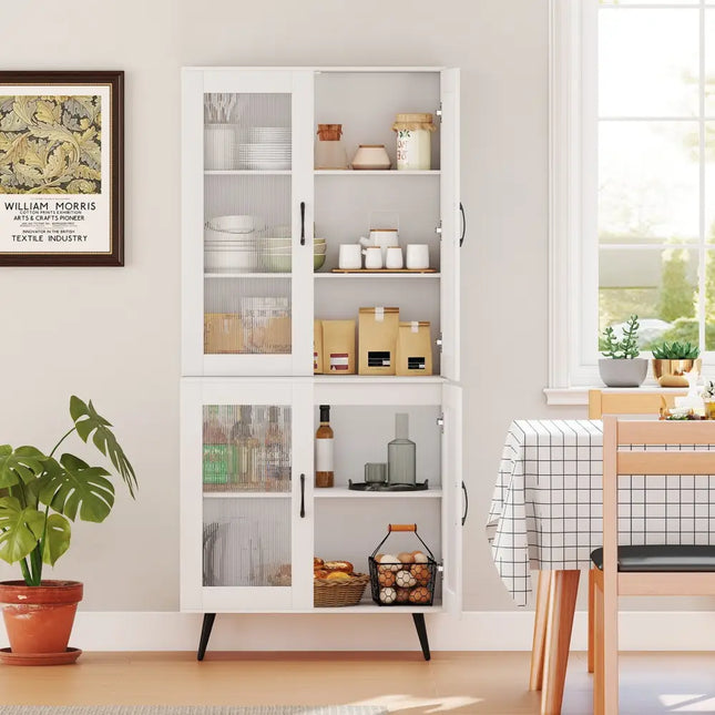 70.5 inch Tall Kitchen Pantry Cabinet Cupboard with 4 Transparent Doors-White - White - Sideboards Cabinets & Buffets