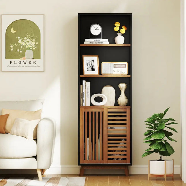 70 Inch 5-Tier Bookshelf with Reversible Adjustable Shelf-Black - Black - Bookcases