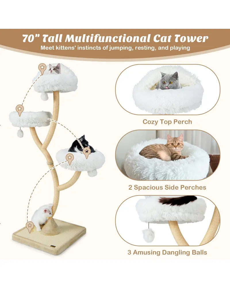 70 Inch Tall Cat Tree 4-Layer Cat Tower with 3 Perches and Dangling Balls-Beige - Beige - Cat Trees Condos & Scratchers