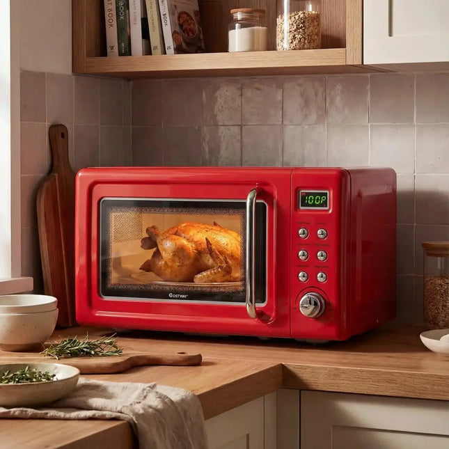 700W Retro Countertop Microwave Oven with 5 Micro Power and Auto Cooking Function-Light Red Costway