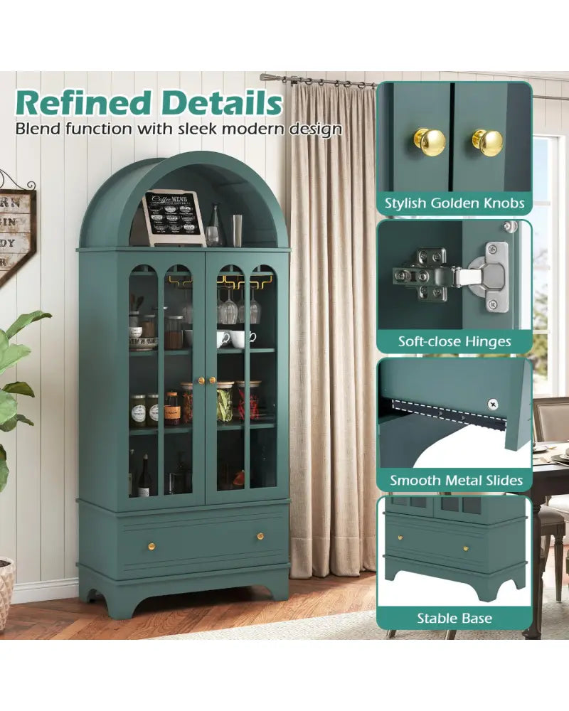 71.5 Inch Arched Cabinet 5-Tier with Tempered Glass Doors and Wine Rack-Green - Green - Sideboards Cabinets & Buffets