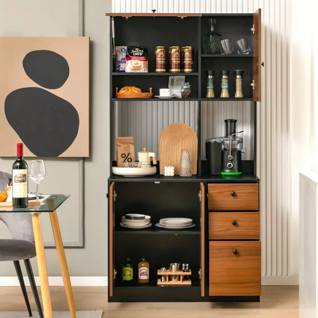 71 Inch Kitchen Pantry with 3 Storage Cabinet and 3 Deep Drawers-Black - Black - Sideboards Cabinets & Buffets