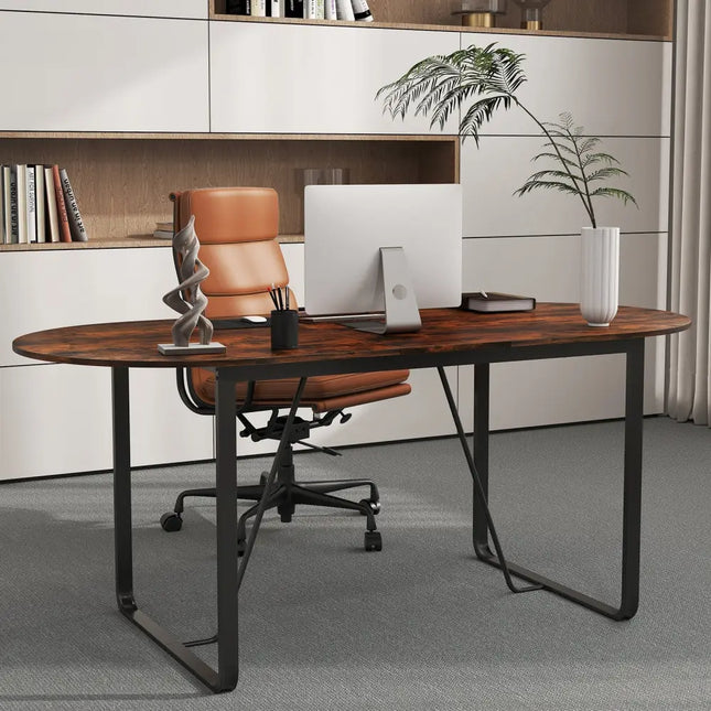 71 Inches Executive Table Oval Home Office Table with Cable Management Hole-Rustic Brown - Rustic Brown - Standing Desks