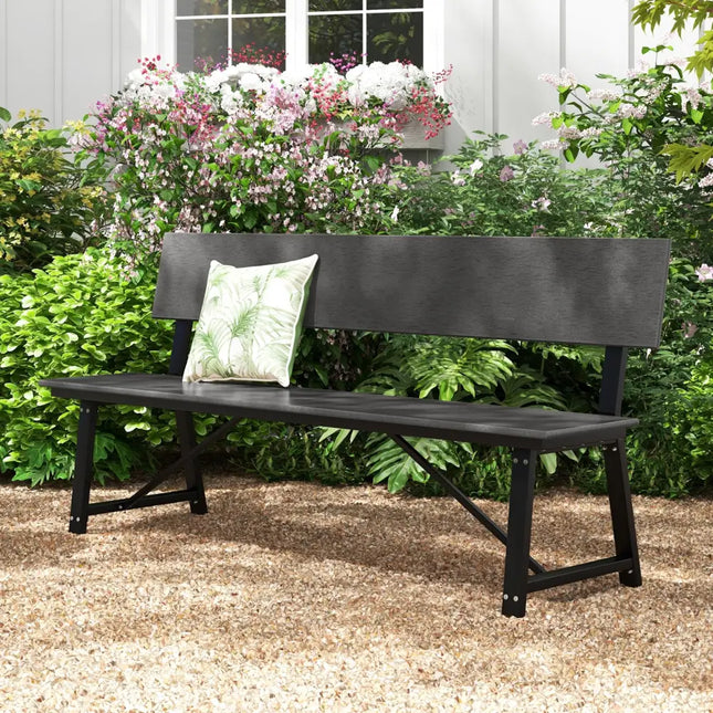 72 Inch Extra Long Bench with All-Weather HDPE Seat & Back for Yard Garden Porch-Gray - Gray - Outdoor Benches