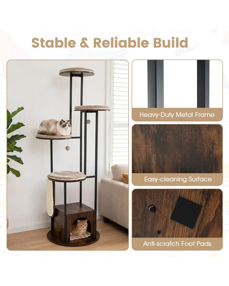 72-Inch Tall Multi-Level Cat Condo with Top Perch Platforms and Removable Washable Mats-Rustic Brown - Rustic Brown