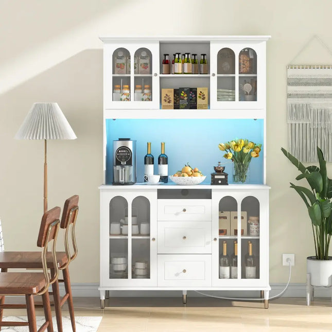 73 Inch Kitchen Pantry Storage Cabinet Freestanding Buffet Cabinet with LED Lights-White - White - Sideboards Cabinets