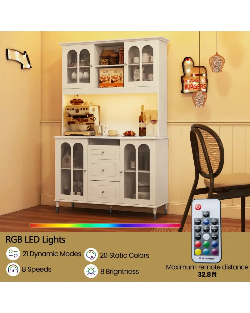 73 Inch Kitchen Pantry Storage Cabinet Freestanding Buffet Cabinet with LED Lights-White - White - Sideboards Cabinets